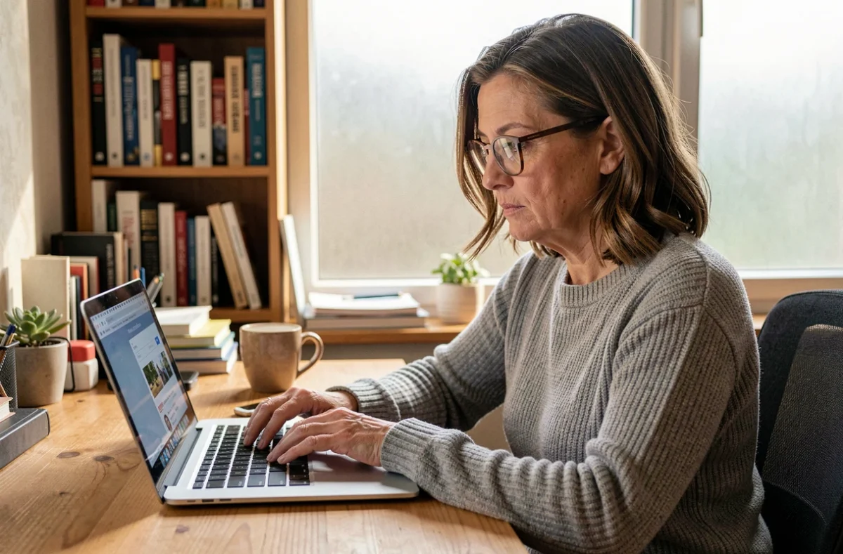 Femme cherchant un numéro de téléphone inconnu sur un ordinateur portable depuis son bureau à domicile