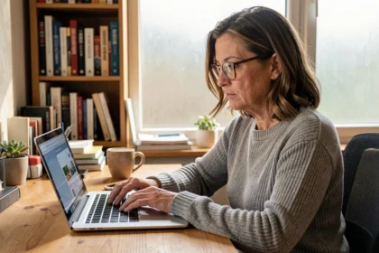Femme cherchant un numéro de téléphone inconnu sur un ordinateur portable depuis son bureau à domicile