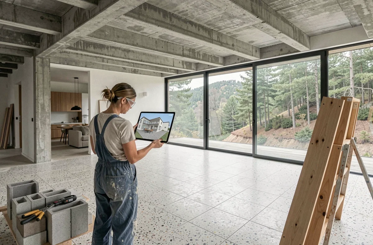 Rénovation d'un espace de vie à plan ouvert inspiré de la philosophie architecturale de Marcel Breuer avec béton apparent et baies vitrées