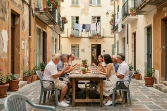 Voisins réunis autour d'une table dans une cour de quartier nord de Marseille lors d'un repas convivial en plein air