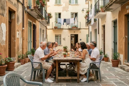 Voisins réunis autour d'une table dans une cour de quartier nord de Marseille lors d'un repas convivial en plein air
