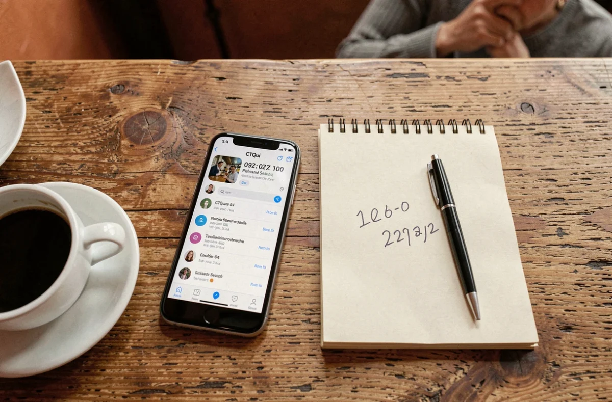 Vue aérienne d'un smartphone affichant des résultats de recherche de numéro de téléphone avec un carnet de notes dans un café