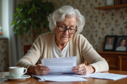 Femme retraitée lisant une notice fiscale dans un intérieur chaleureux