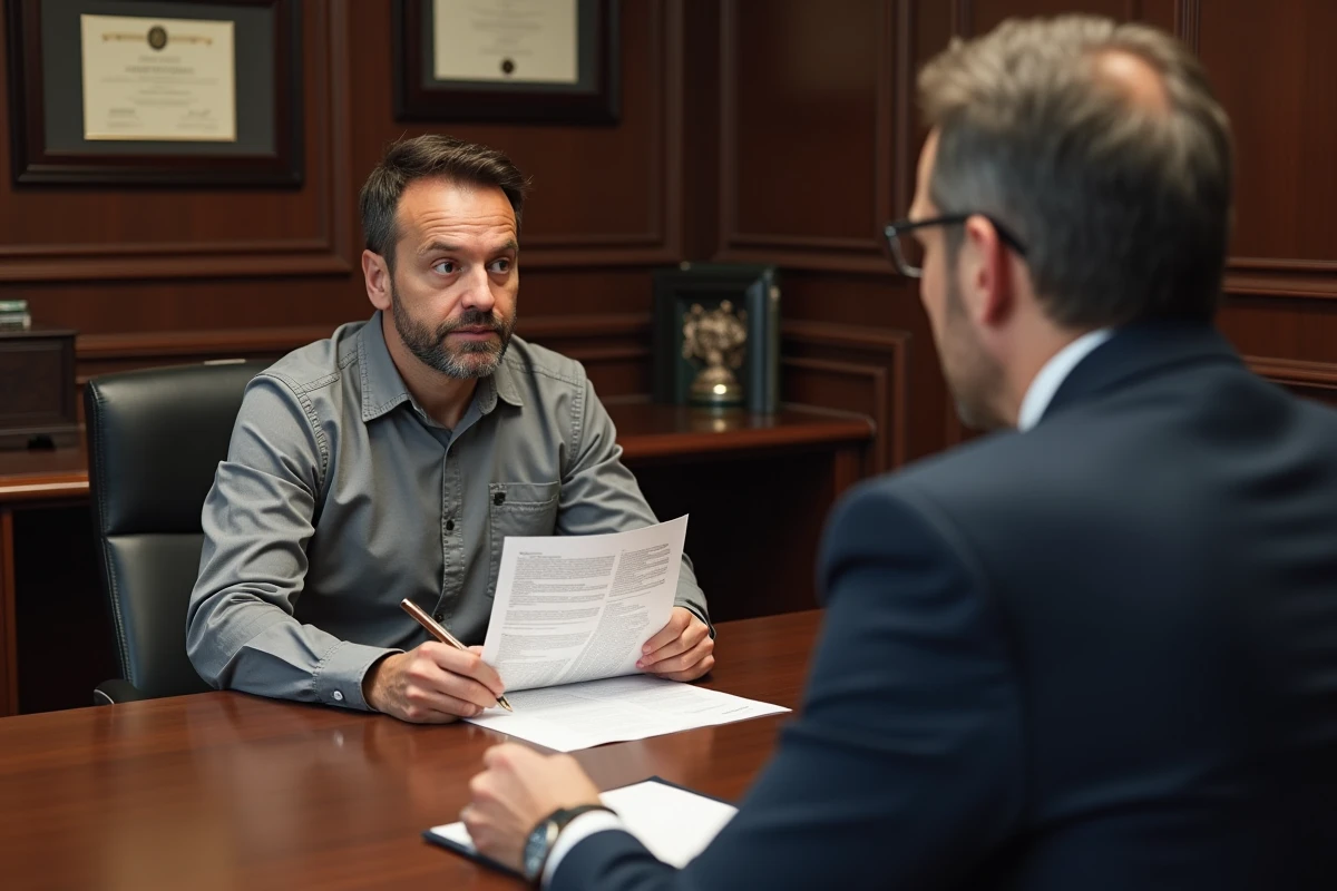 Homme en réunion avec un notaire dans un cabinet notarial pour discuter d'un courrier juridique