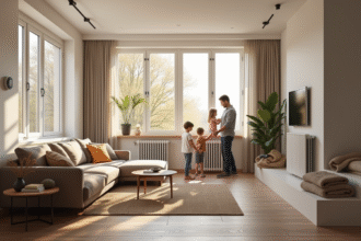 Salon moderne avec thermostat digital et radiateur