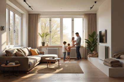 Salon moderne avec thermostat digital et radiateur