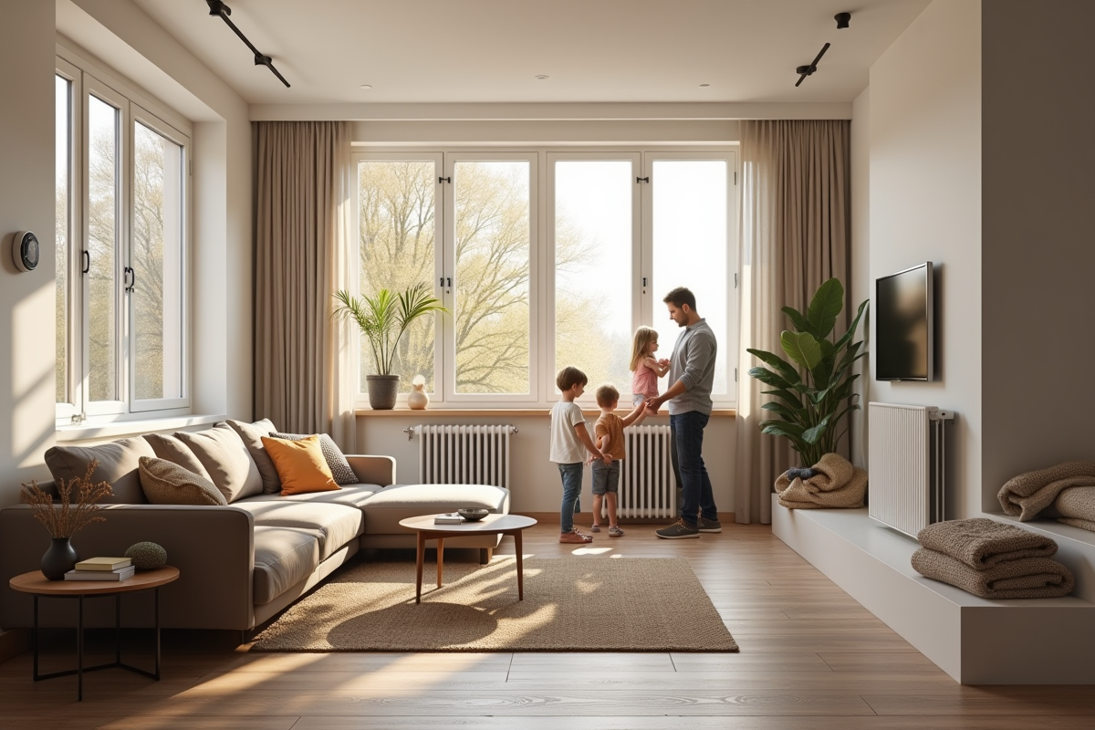 Salon moderne avec thermostat digital et radiateur