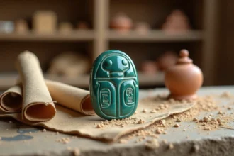 Scarabée égyptien antique en faïence turquoise posé sur lin et papyrus, symbole de protection et de renaissance