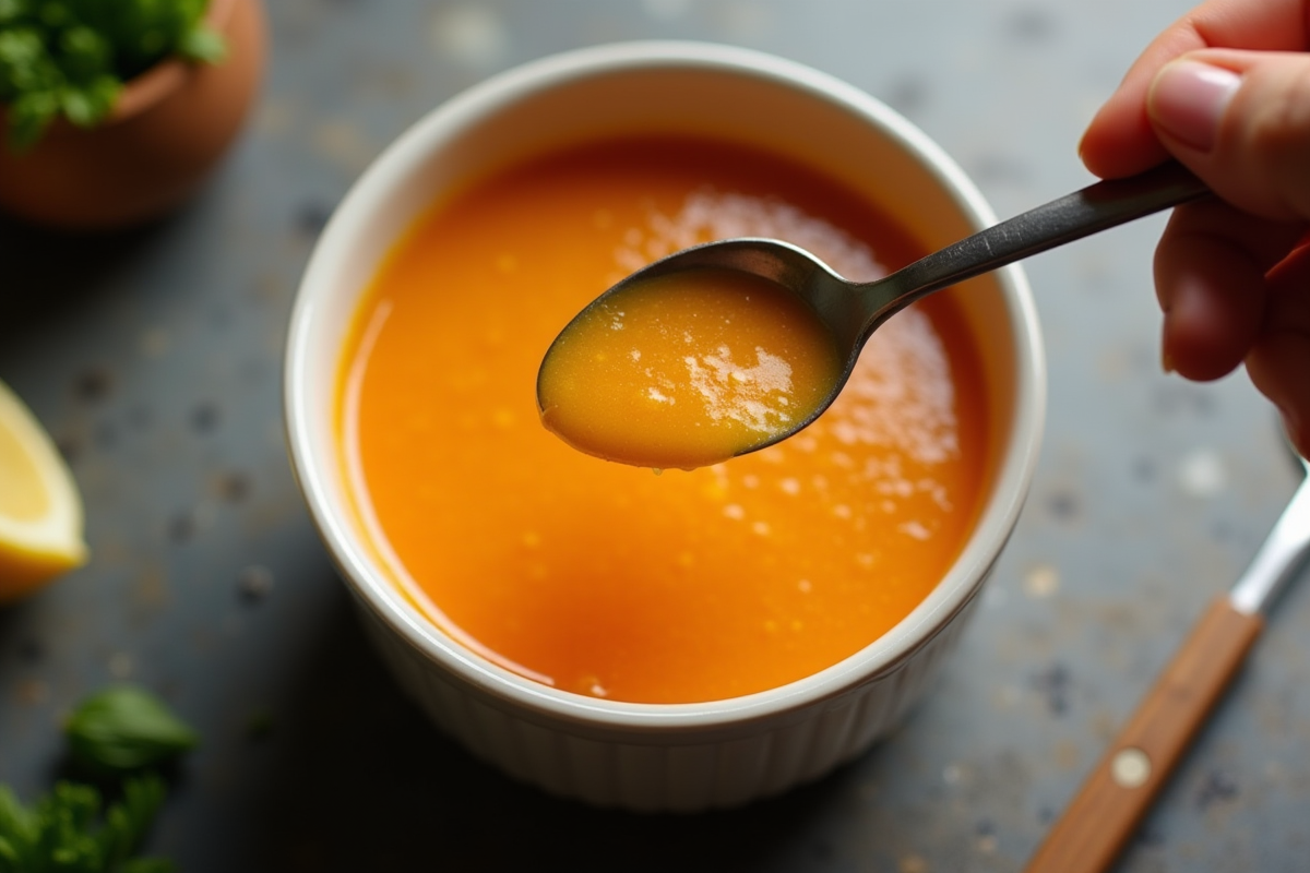 Cuillère versant de la soupe dans un bol en cuisine naturelle