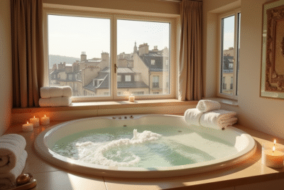 Salle de spa privée à Paris avec jacuzzi et vue sur les toits
