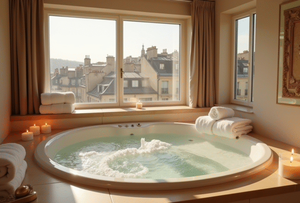 Salle de spa privée à Paris avec jacuzzi et vue sur les toits