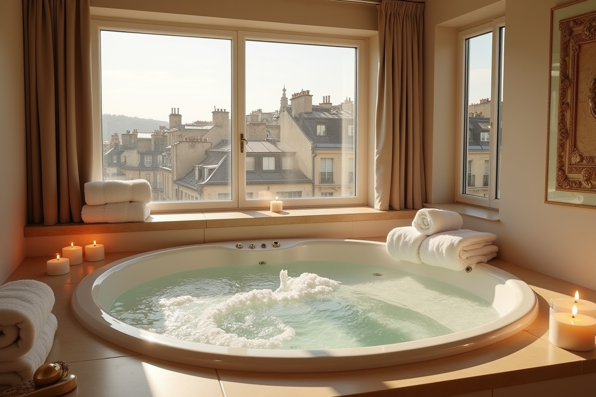 Salle de spa privée à Paris avec jacuzzi et vue sur les toits