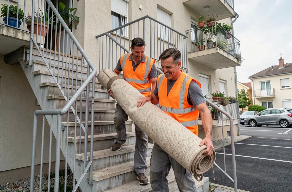 Deux employés de STS 69 portant un tapis hors d'un immeuble résidentiel dans le Rhône