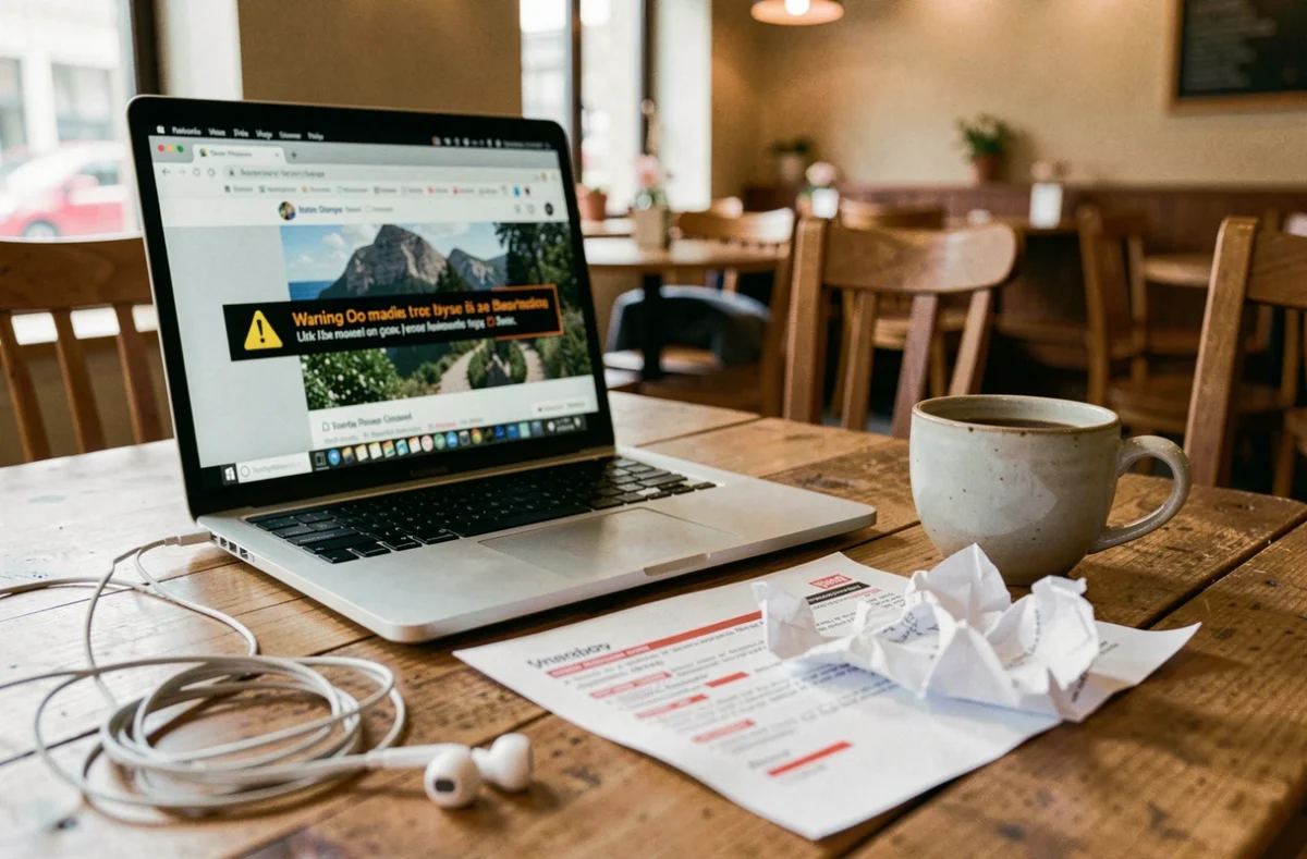 Table de café avec laptop affichant un avertissement de site de leaks, tasse de café et documents imprimés censurés