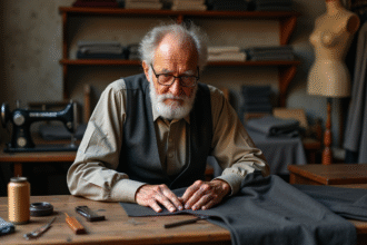 Tailleur âgé cousant une veste en laine dans son atelier