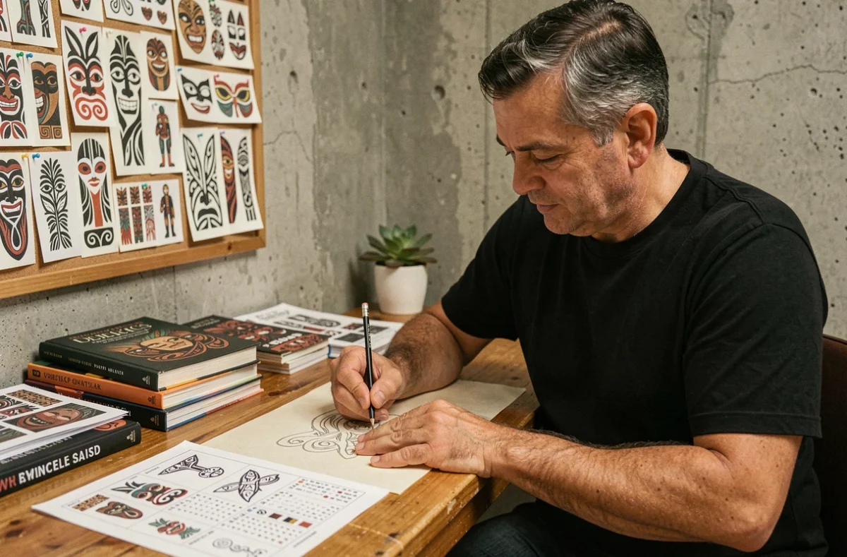 Tatoueur polynésien dessinant des symboles traditionnels sur papier calque dans un studio de tatouage avec des références de dictionnaire en PDF épinglées au mur