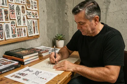 Tatoueur polynésien dessinant des symboles traditionnels sur papier calque dans un studio de tatouage avec des références de dictionnaire en PDF épinglées au mur