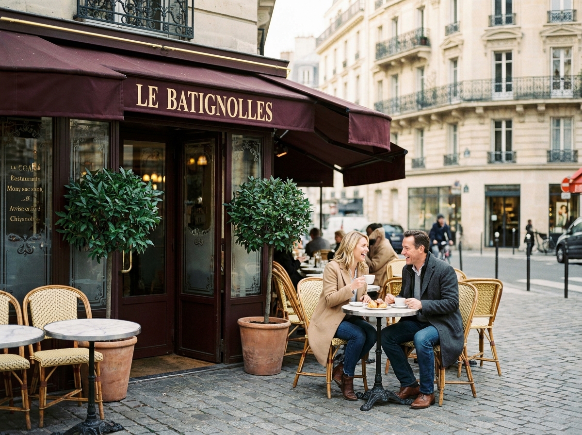 Terrasse de brasserie haut de gamme dans le quartier des Batignolles, 17e arrondissement de Paris, avec couple élégant