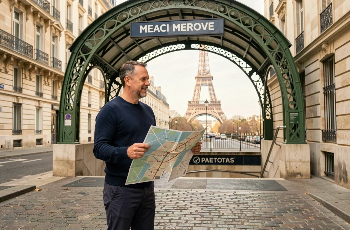 Touriste tenant un plan du métro parisien devant une entrée Art Nouveau avec la Tour Eiffel en arrière-plan