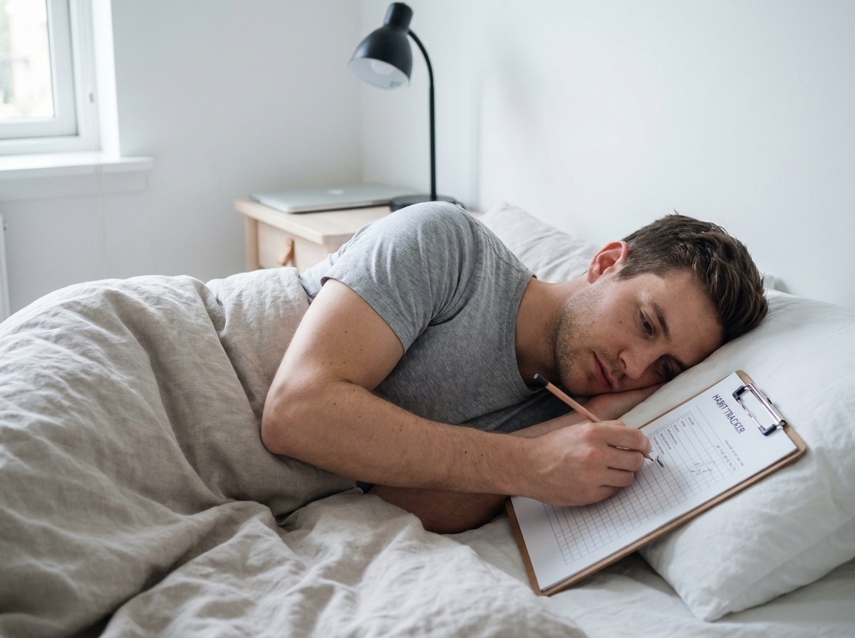 Homme remplissant un tracker d'habitudes sur papier allongé dans son lit, ordinateur fermé et écrans éteints pour favoriser le sommeil