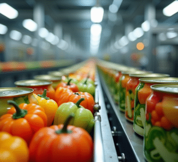 Intérieur moderne d'usine de conserves de légumes avec convoyeur