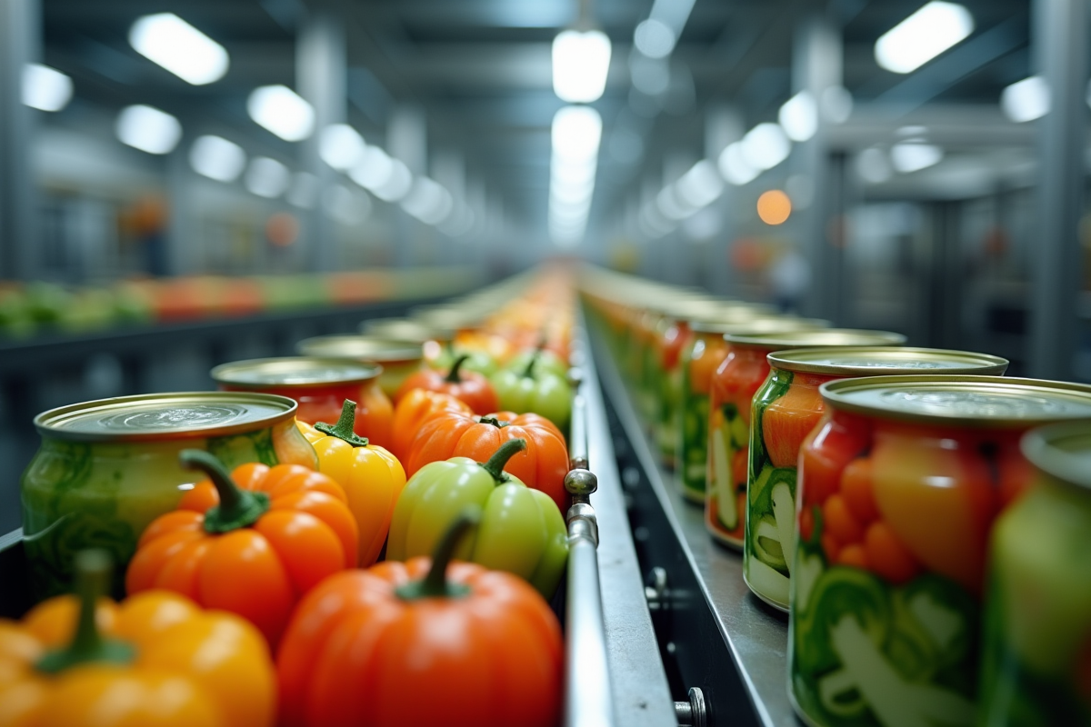 Intérieur moderne d'usine de conserves de légumes avec convoyeur