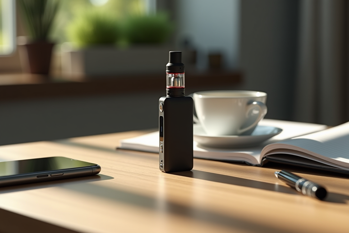Vape device sur bureau avec smartphone et café