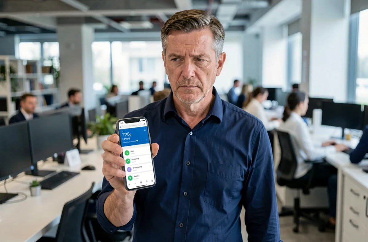Homme en bureau vérifiant la fiabilité d'un service de recherche de numéro de téléphone sur son smartphone
