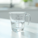 Verre mesureur avec 20 ml d'eau sur plan de cuisine lumineux