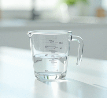 Verre mesureur avec 20 ml d'eau sur plan de cuisine lumineux
