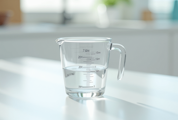 Verre mesureur avec 20 ml d'eau sur plan de cuisine lumineux