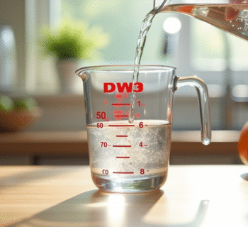 Verre mesure d'eau rempli sur plan de cuisine lumineux
