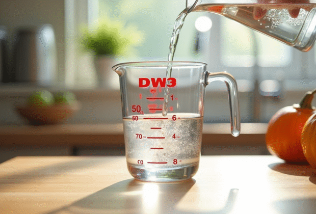 Verre mesure d'eau rempli sur plan de cuisine lumineux