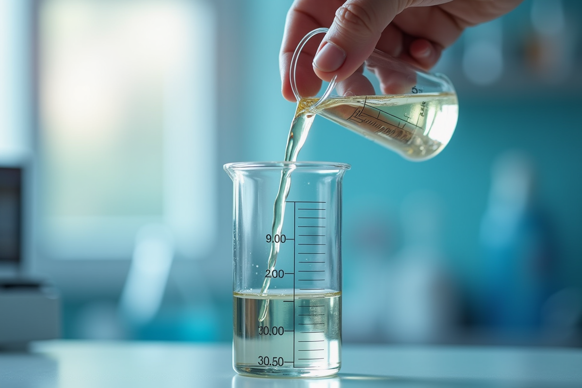Main versant du liquide dans un cylindre de laboratoire avec graduation