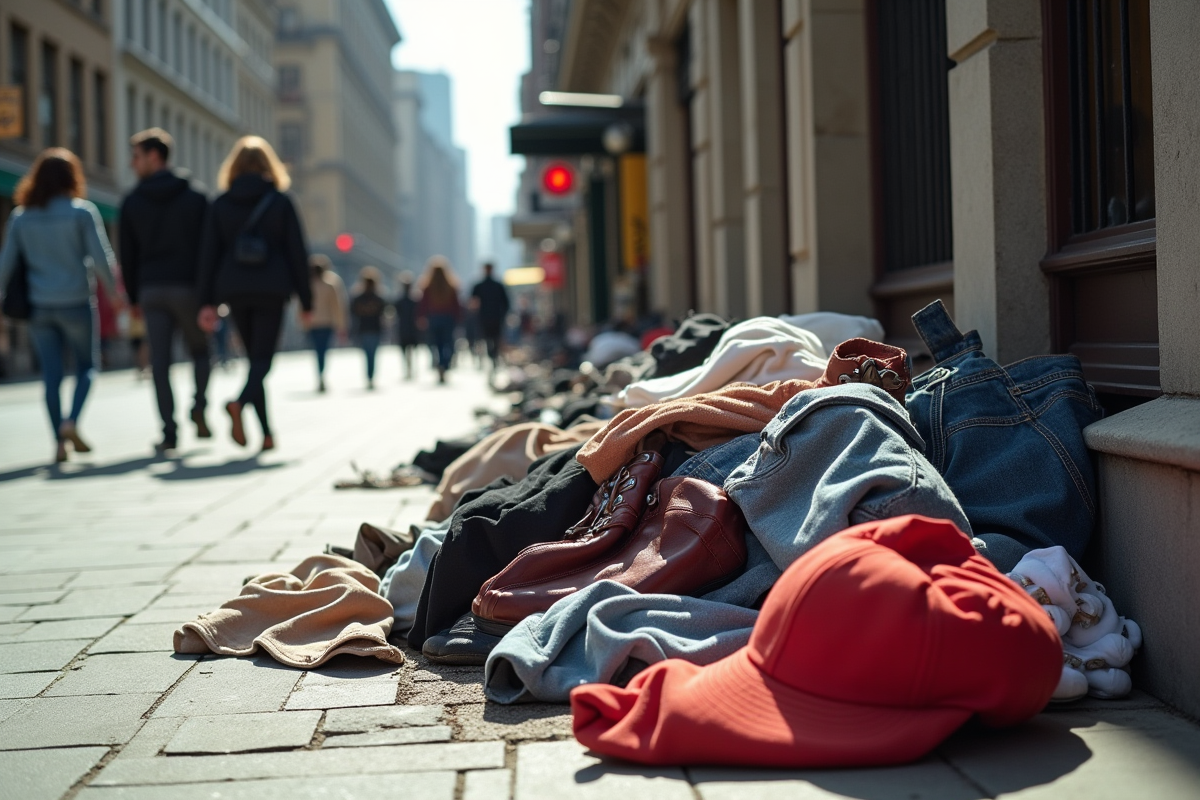 Vêtements fast fashion jetés sur le trottoir avec piétons passant