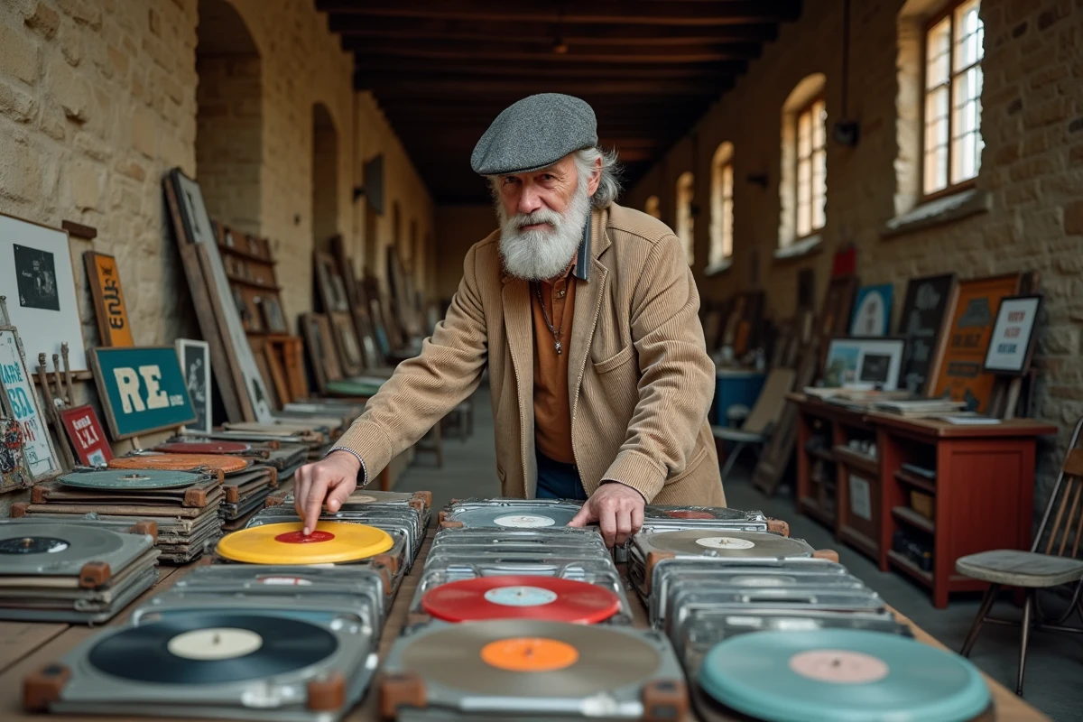 Vendeur arrangeant disques vinyles et objets rétro dans une grange en pierre lors d'un vide-grenier intérieur en Morbihan