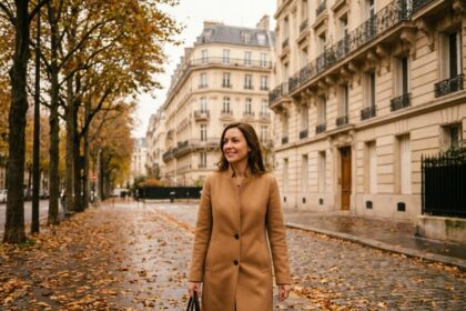 Femme élégante en manteau camel marchant sur un boulevard haussmannien du 17e arrondissement de Paris en automne