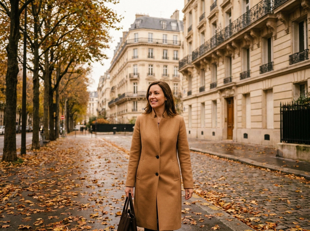 Femme élégante en manteau camel marchant sur un boulevard haussmannien du 17e arrondissement de Paris en automne