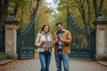 Couple de visiteurs perplexes devant l'entrée du parc de Bagatelle à Paris, consultant une carte et un téléphone