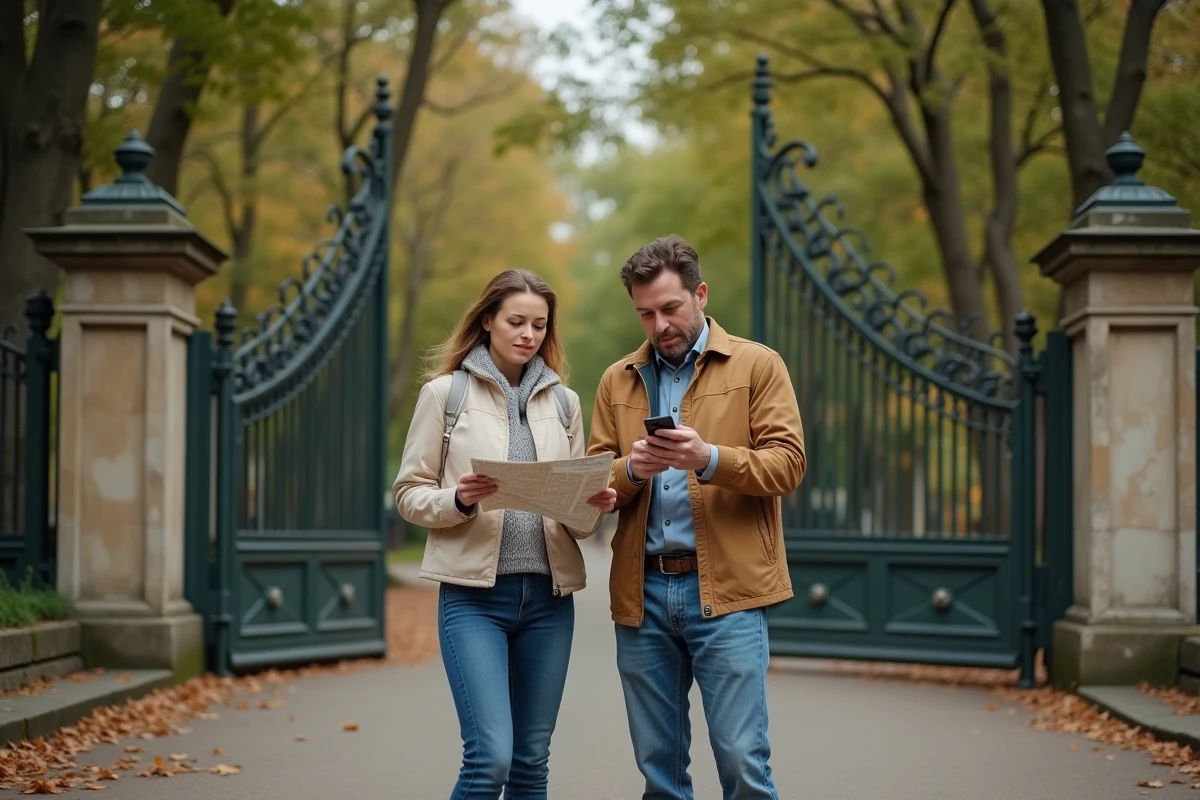 Couple de visiteurs perplexes devant l'entrée du parc de Bagatelle à Paris, consultant une carte et un téléphone