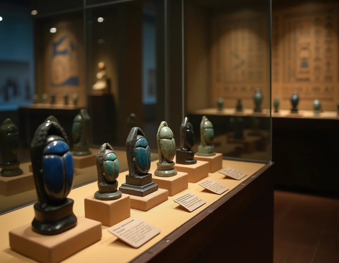 Vitrine muséale présentant des scarabées égyptiens en lapis-lazuli et jaspe vert, symboles de santé et de travail dans l'Égypte ancienne