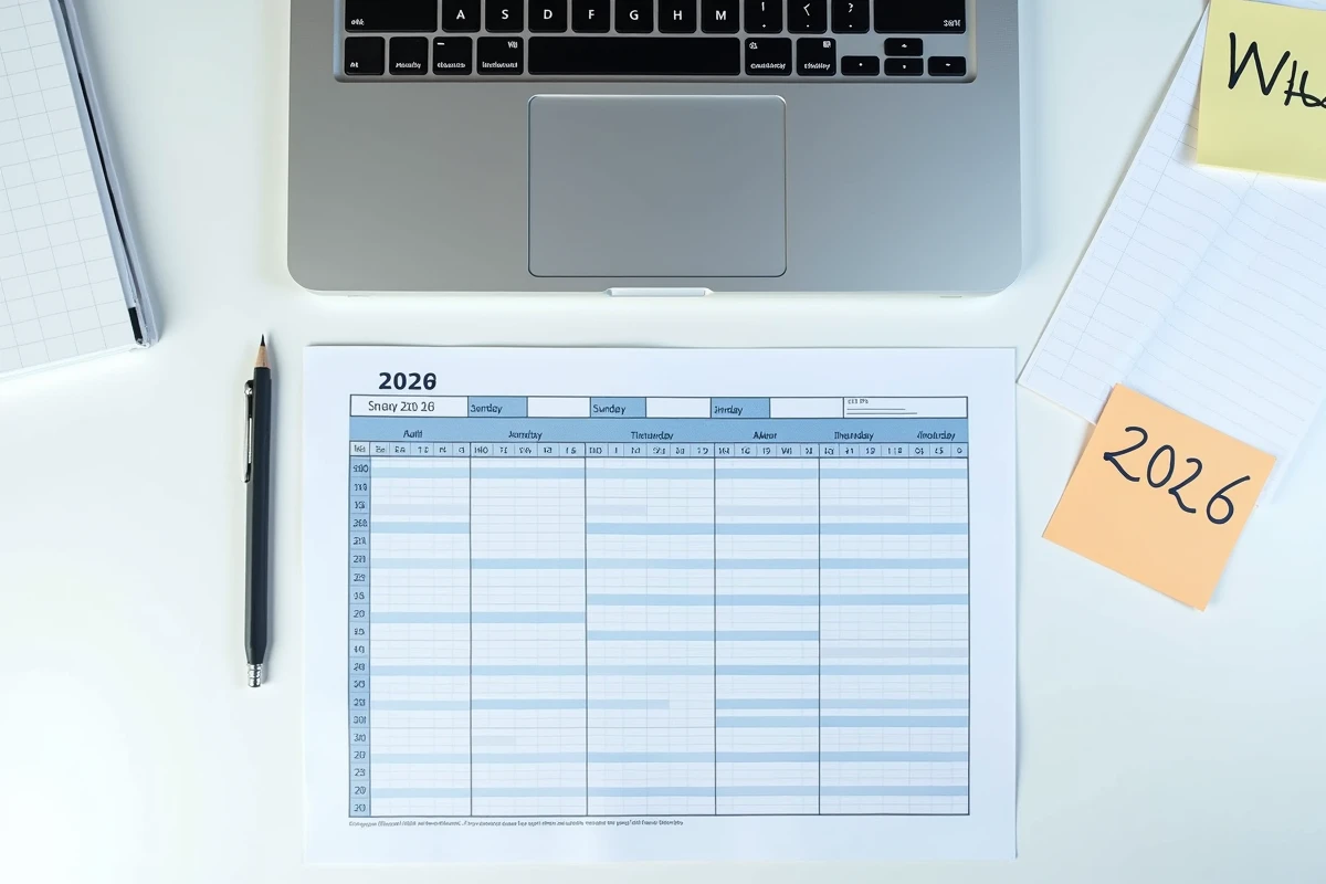 Vue aérienne d'un planning Excel 2026 semaines paires ouvert sur un bureau minimaliste