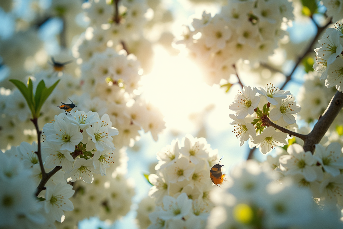 Vue rapprochee des branches en fleurs avec insectes et oiseaux au soleil