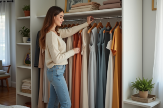Femme arrangeant des robes colorées dans une chambre lumineuse